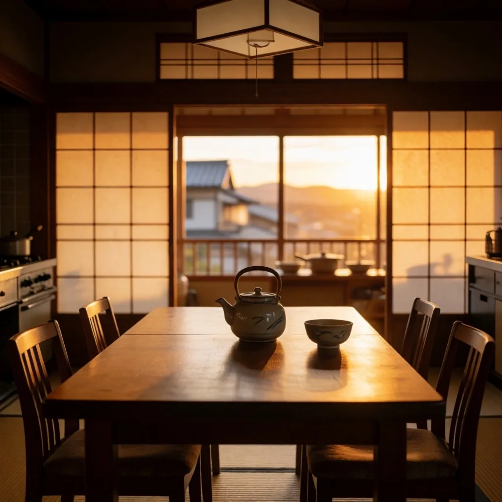 夕暮れ時の静かな日本の台所