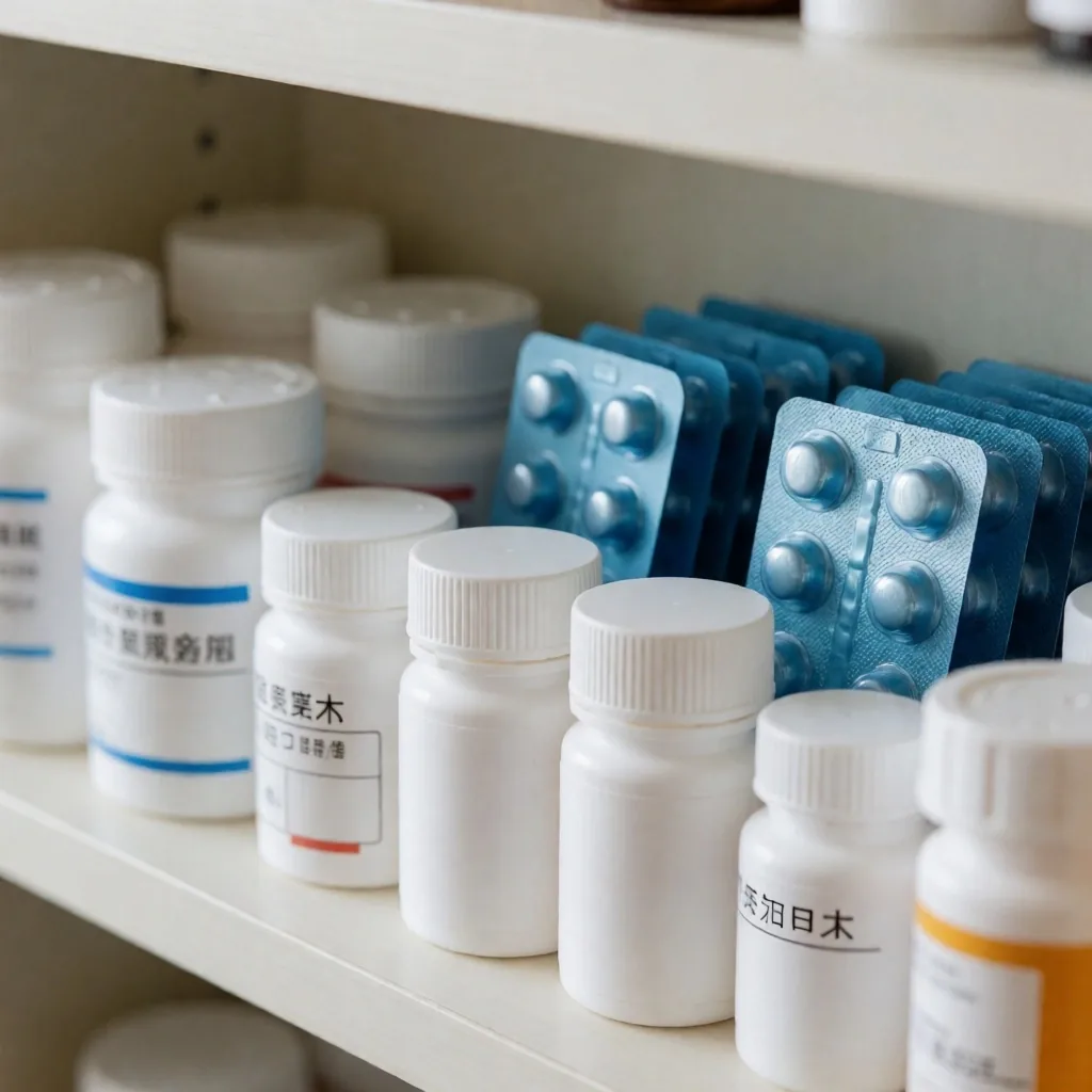 薬剤棚と処方薬の整列