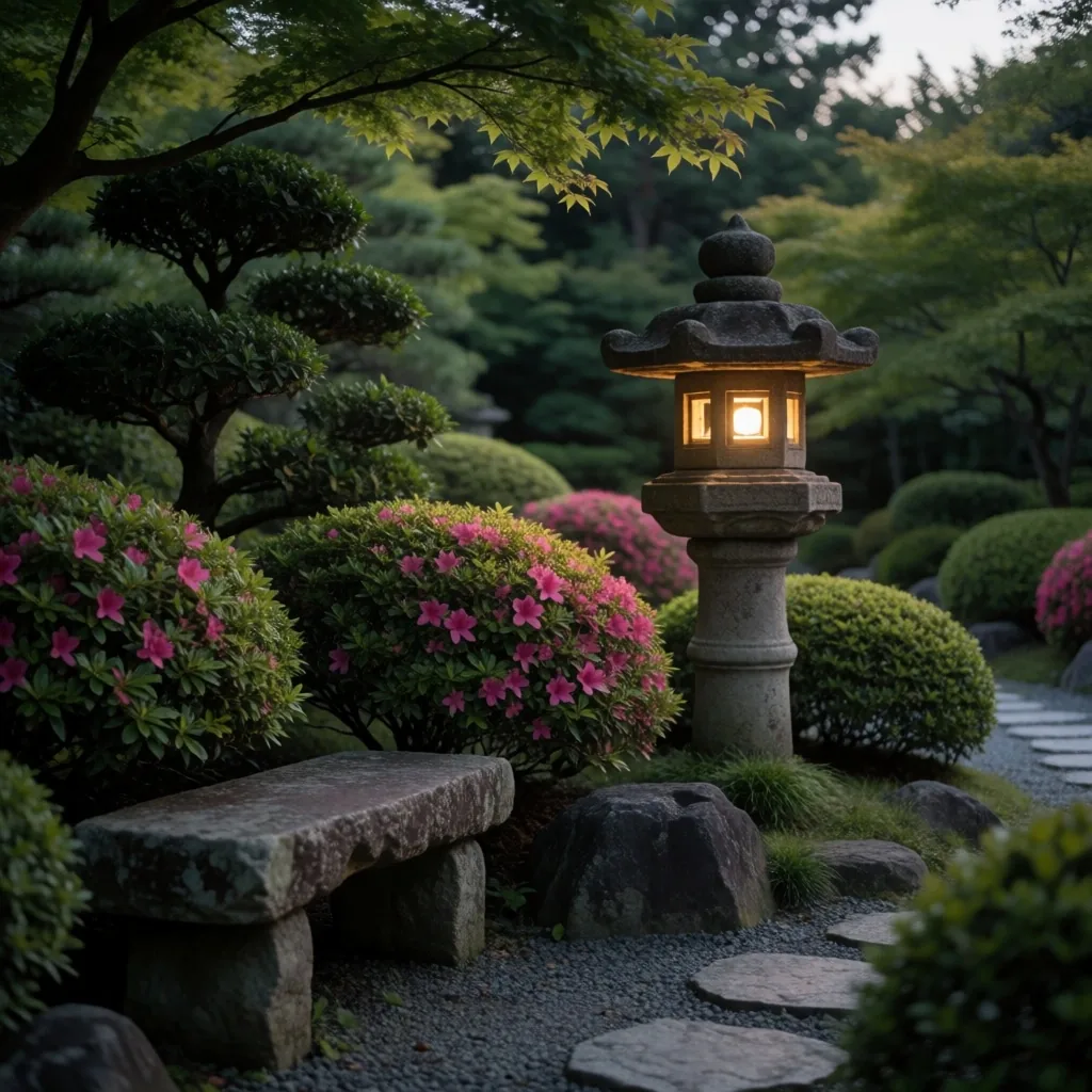 夕暮れの静かな日本のコミュニティ庭園