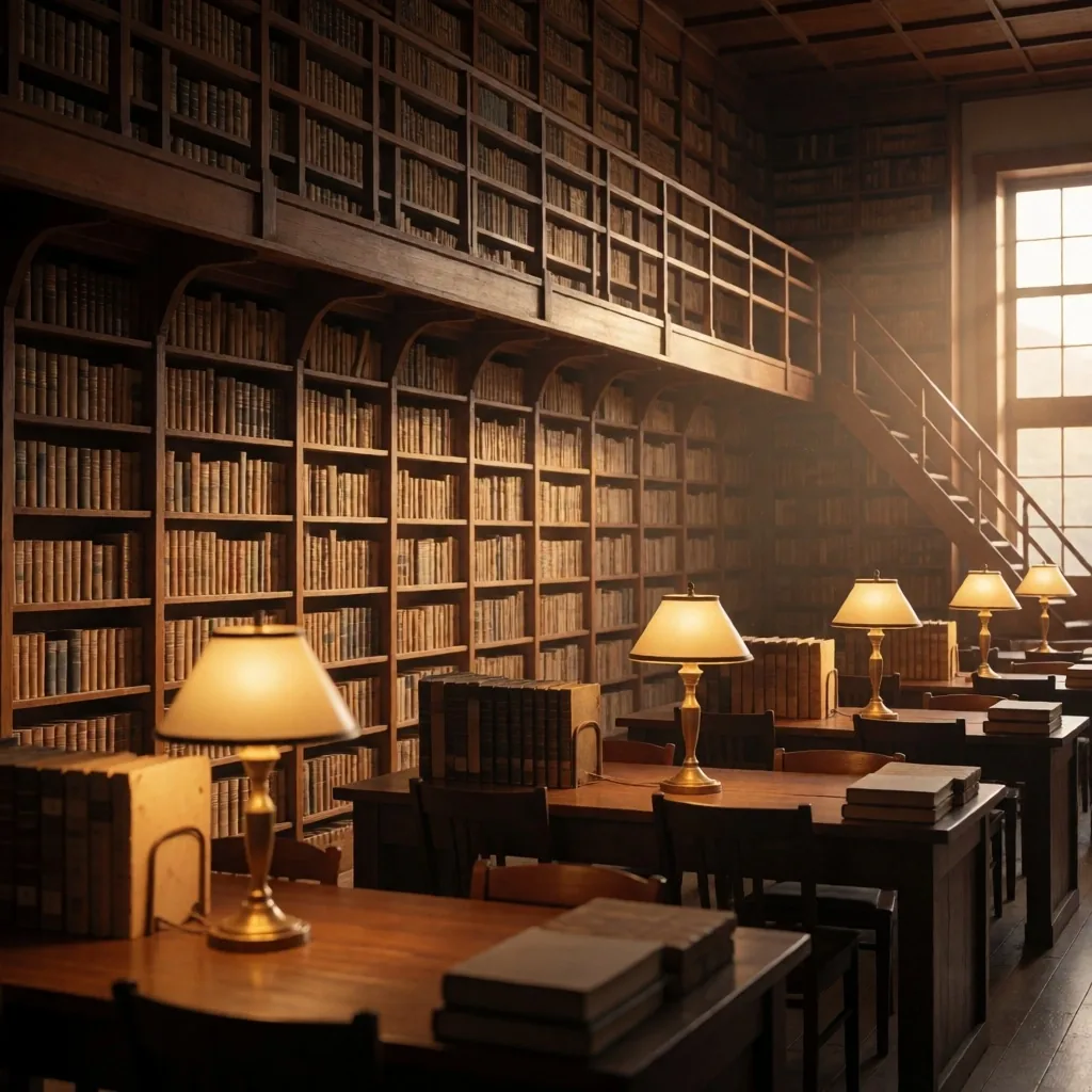 静かな図書館の木製書架と読書灯