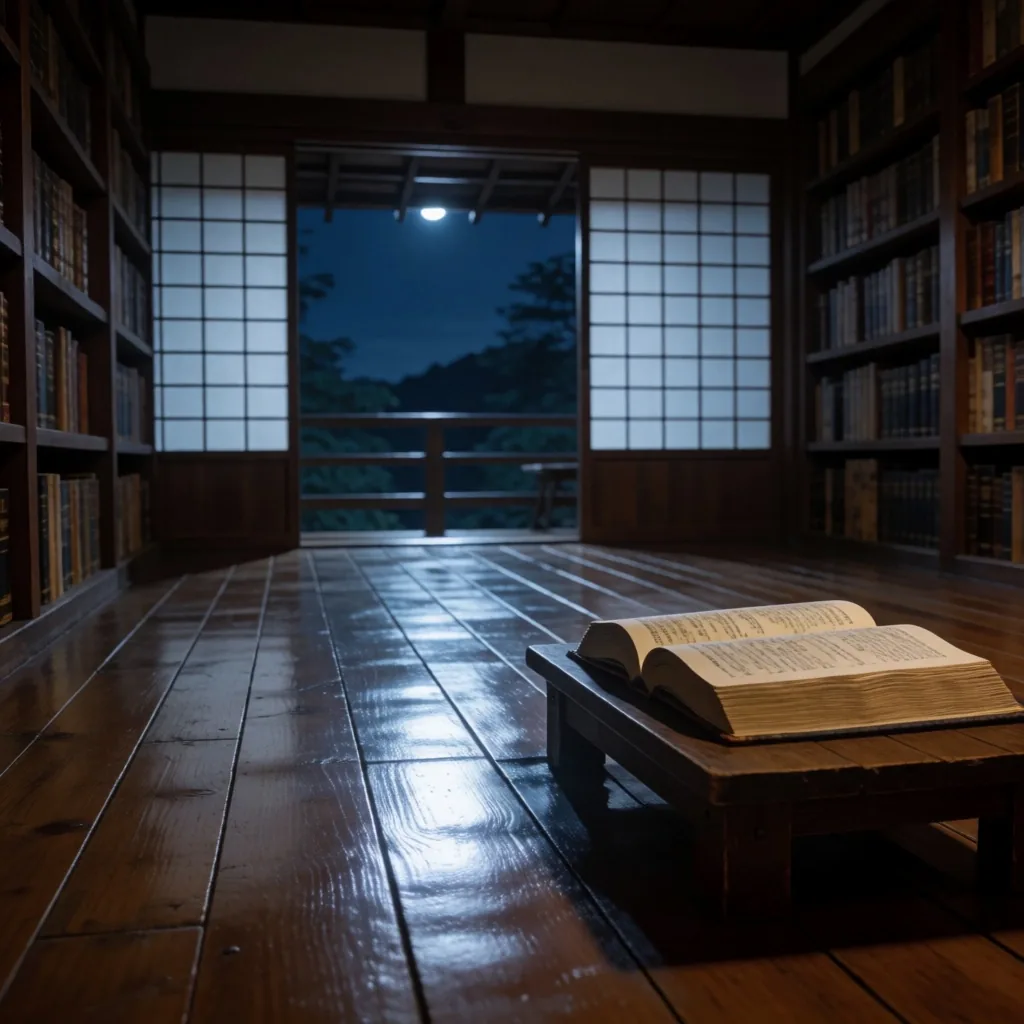 月明かりに照らされた図書室の静かな光景