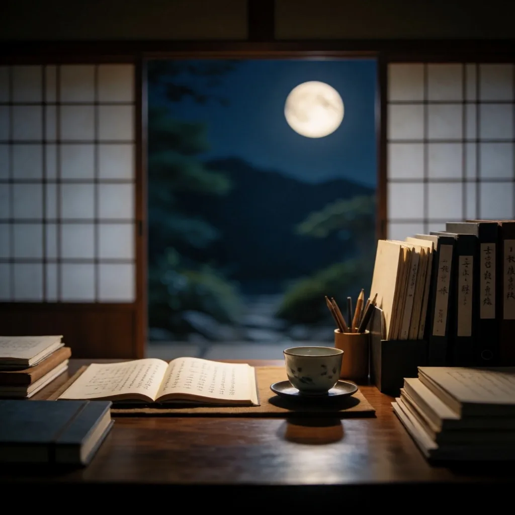 夕暮れ時の静かな図書館の読書室