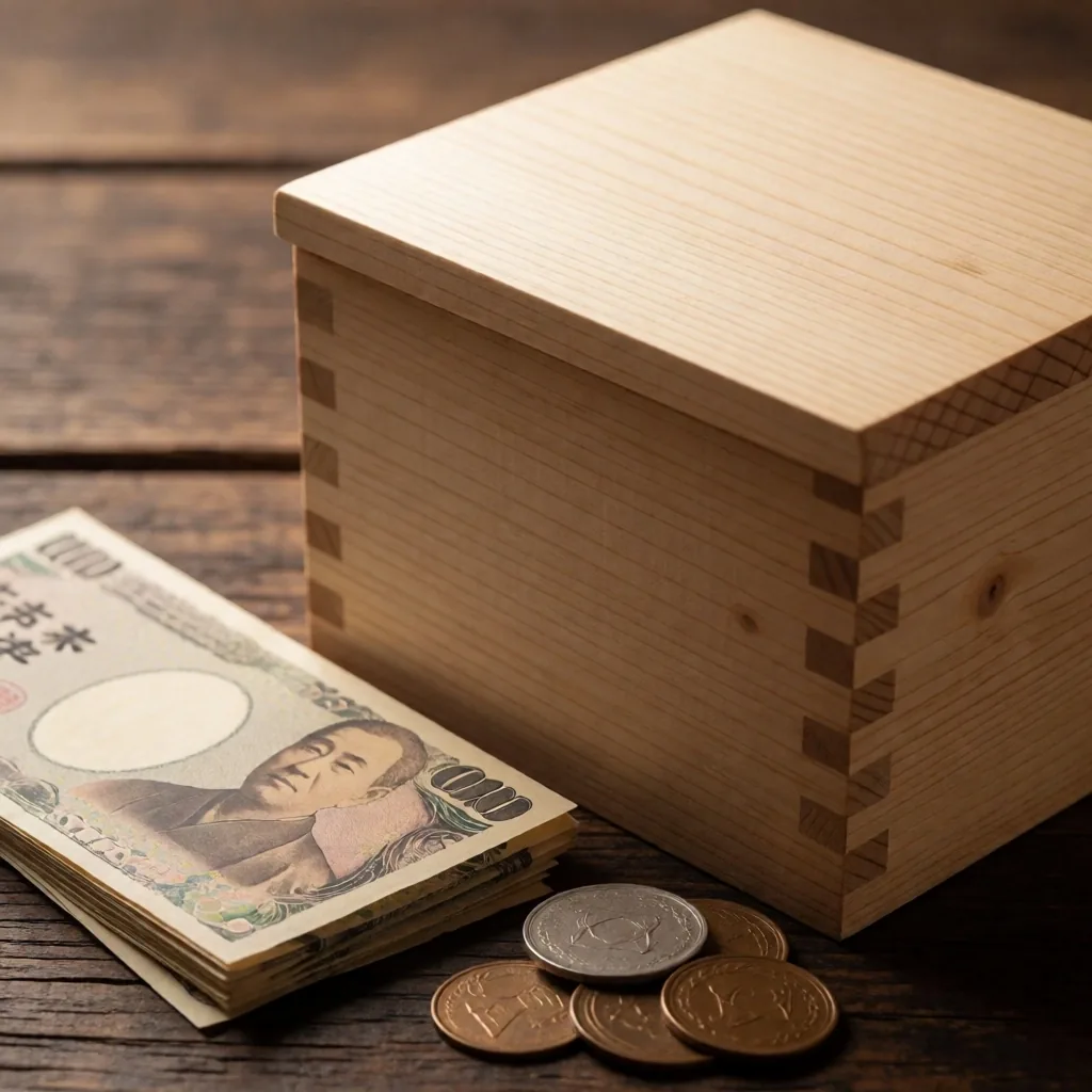 木の机の上の貯金箱と紙幣