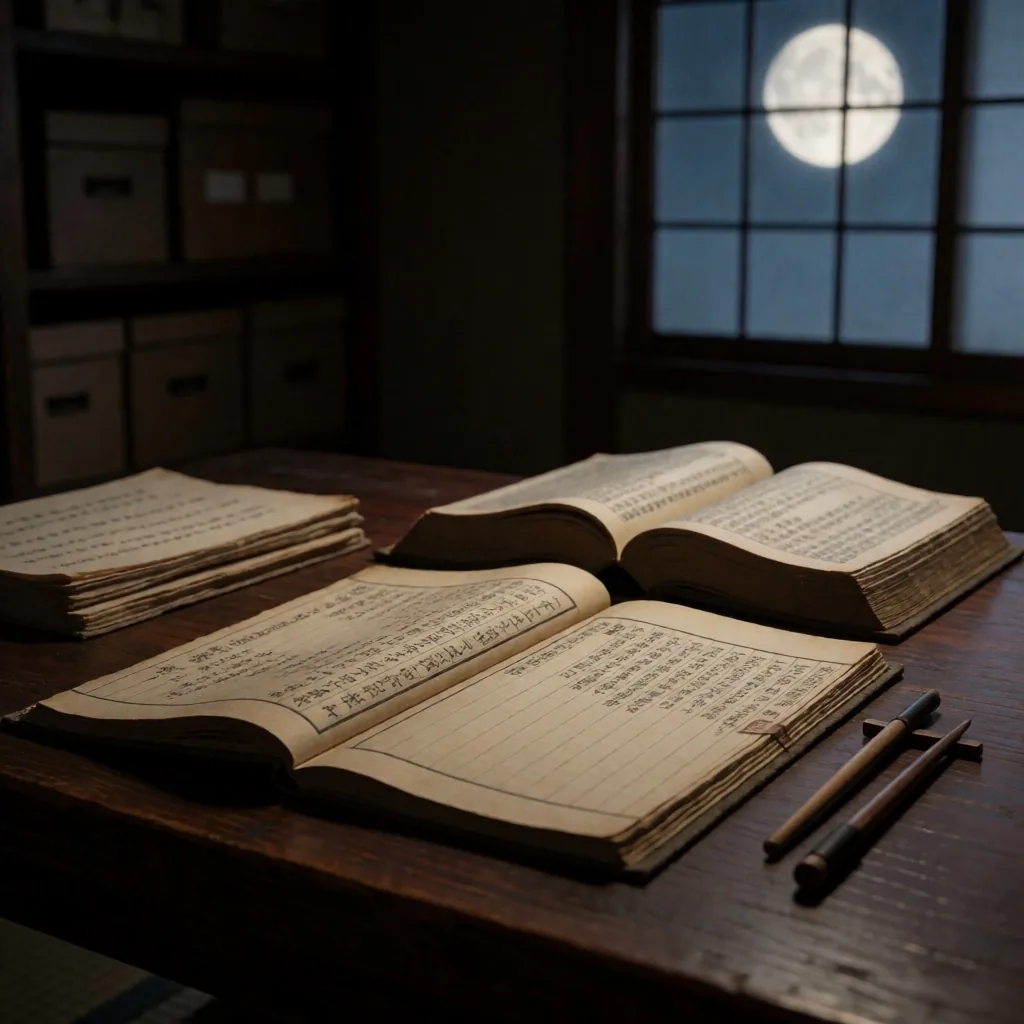 月明かりが差し込む図書室の読書机