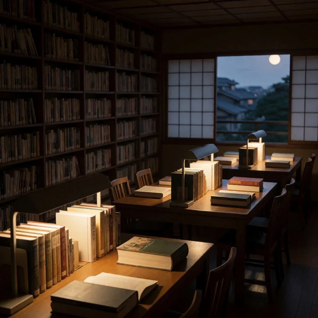 夕暮れ時の図書館の読書室