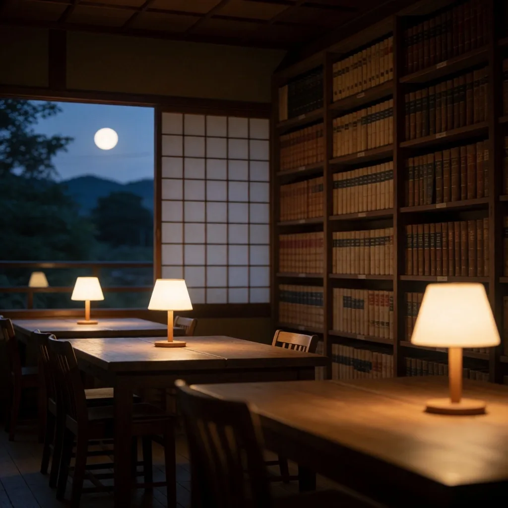静かな図書室の夜景